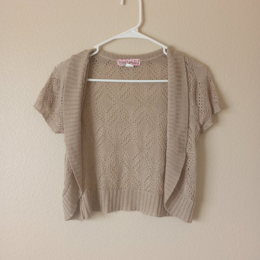 Vintage Tan Brown Short Sleeve Knit Cardigan – Open Front, Size M fairycore